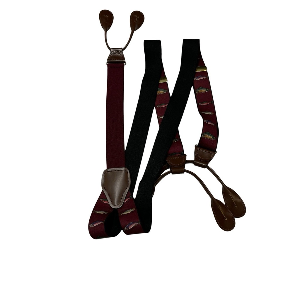 Mens Y Suspenders Burgundy Fish Print Leather? Button On